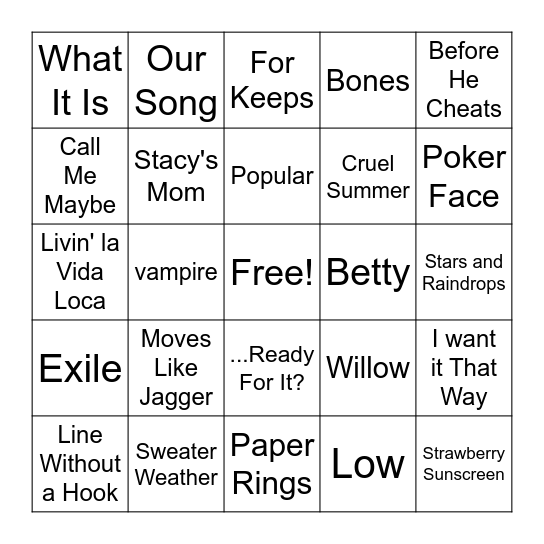 Ariane's 12th Birthday Music Bingo Card