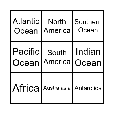 oceans and continents Bingo Card