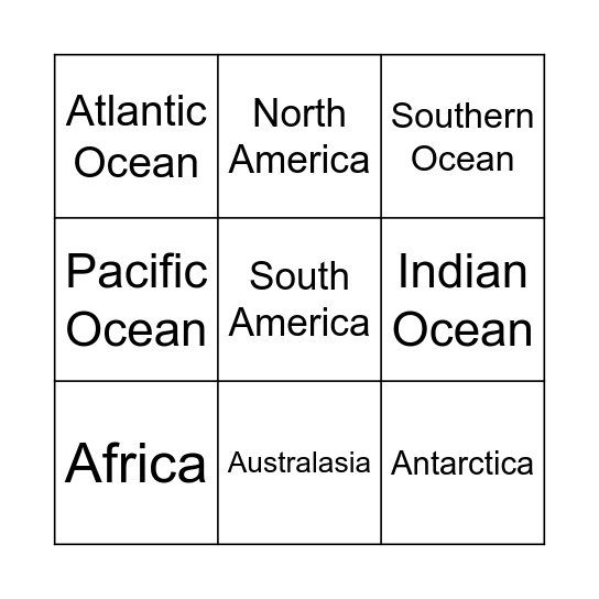 oceans and continents Bingo Card
