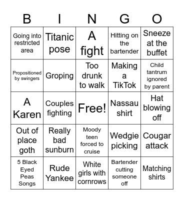 Cruise Ship Bingo Card