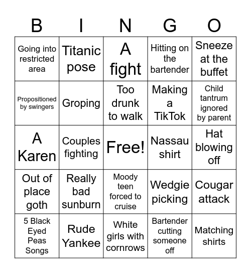 Cruise Ship Bingo Card