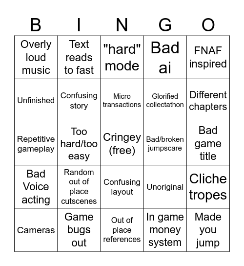 Bad Roblox Horror Game Bingo Card