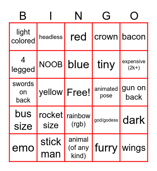 Roblox skins Bingo Card