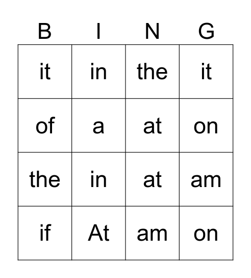 Sight Words Bingo Card