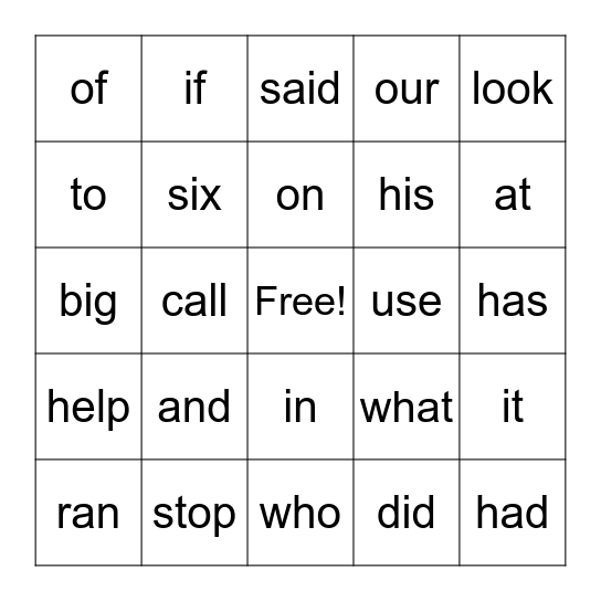 Q1 Sight Words Bingo Card