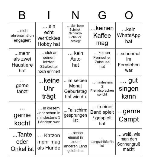 Finde eine Person die... Bingo Card