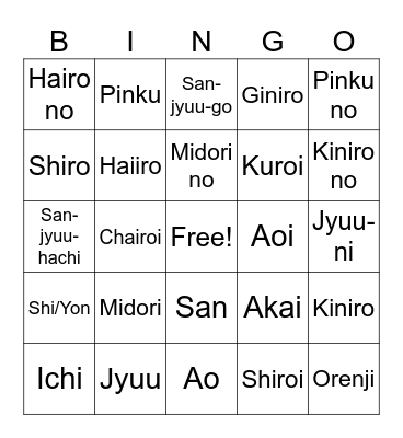Colors & Numbers in Japanese Bingo Card