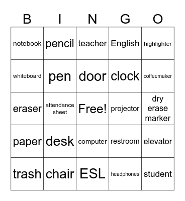 Classroom Vocabulary Bingo Card