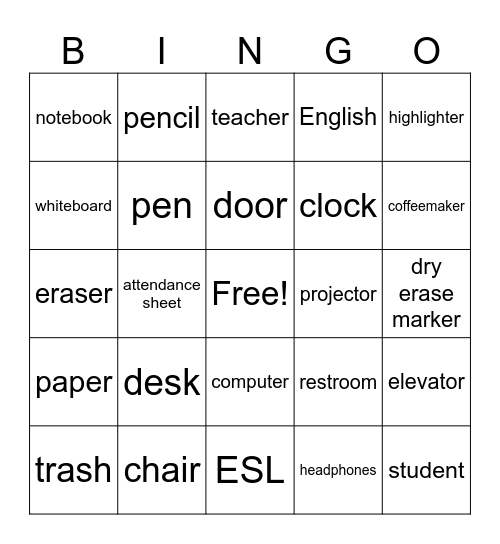 Classroom Vocabulary Bingo Card