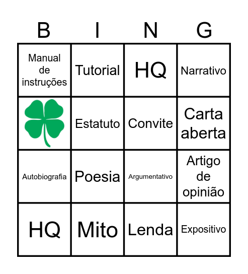 Bingo dos Gêneros Textuais-Patrícia Queiroz Bingo Card
