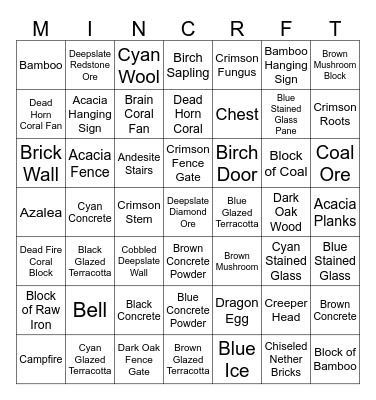 Minecraft Blocks (Acacia Button - End Stone Brick Slab Bingo Card