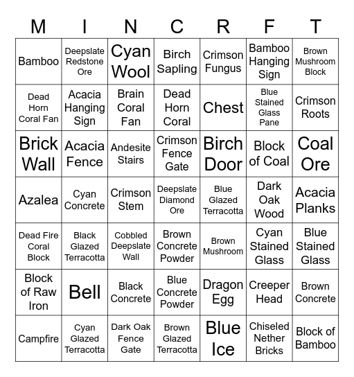 Minecraft Blocks (Acacia Button - End Stone Brick Slab Bingo Card
