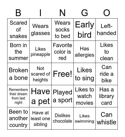 Get to Know You Bingo! Bingo Card