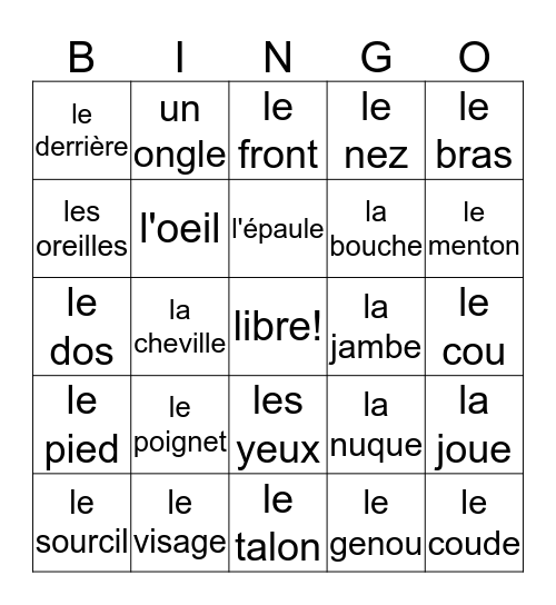 Les Parties du Corps Bingo Card