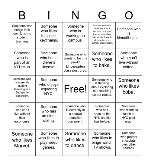 Get to Know You BINGO! Bingo Card