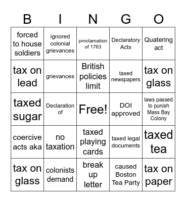 British Policies & Reponses Bingo Card