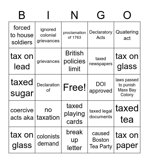 British Policies & Reponses Bingo Card