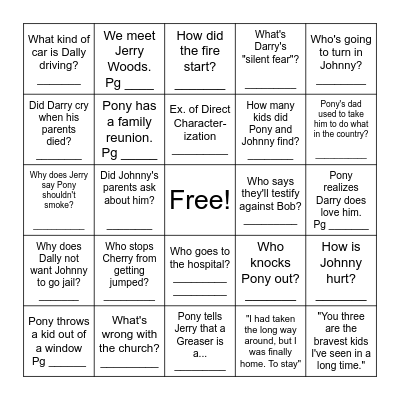 The Outsiders Ch. 6 BINGO Card