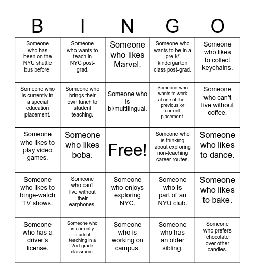 Get to Know You BINGO Card