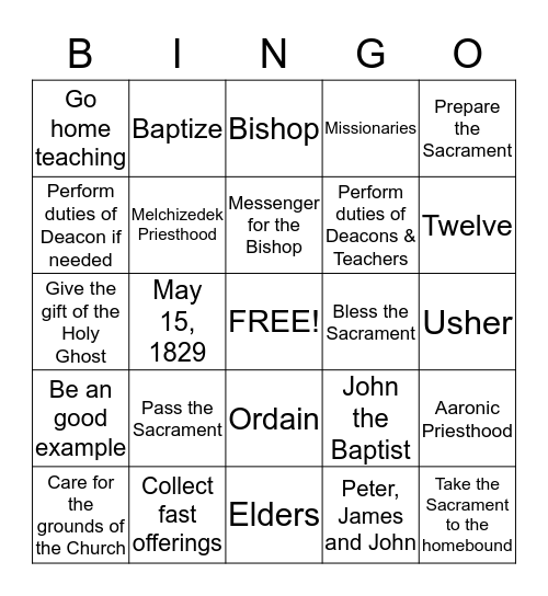 Priesthood Bingo Card