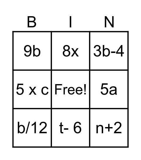 Algebraic Expressions Bingo Card