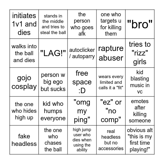 blade ball bingo Card