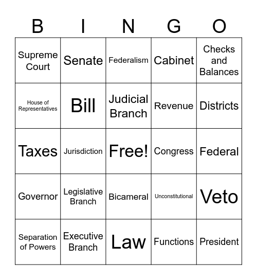 Branches of Government and Funding Bingo Card