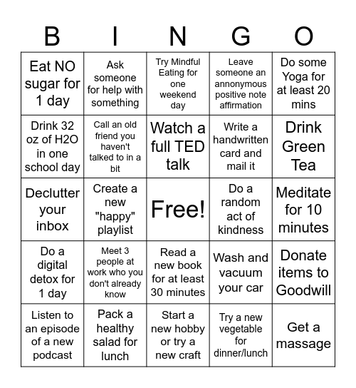 Healthy Human Bingo Card