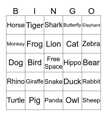 Animal Bingo Card
