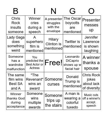 2016 OSCAR BINGO! Bingo Card
