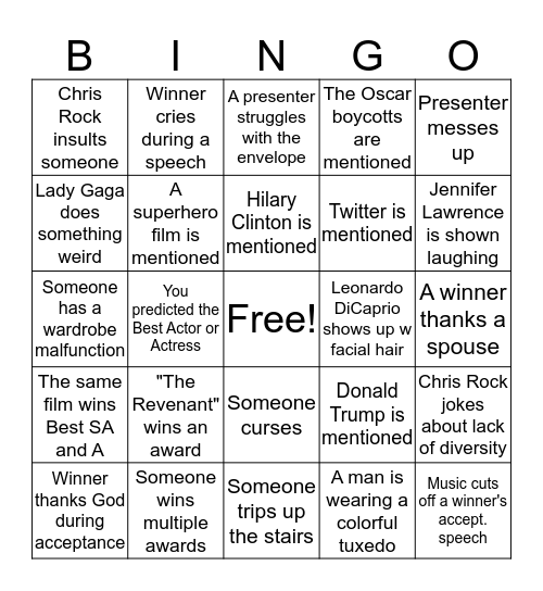 2016 OSCAR BINGO! Bingo Card