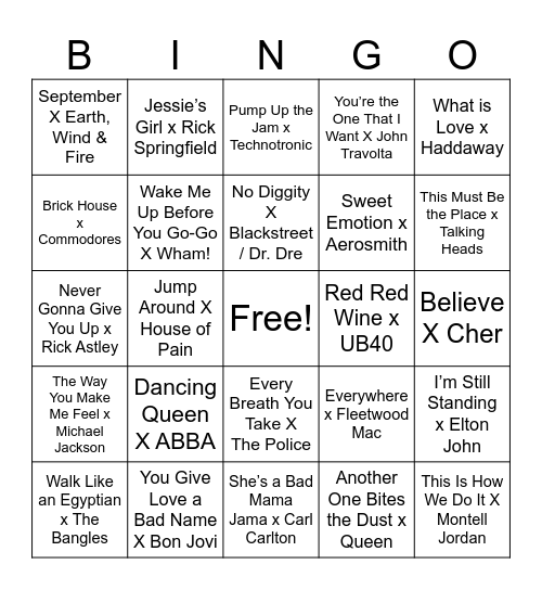 80’s Hits Bingo Card