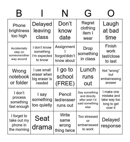 Daily School Bingo Card