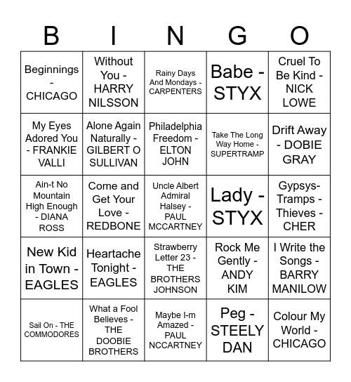 MUSIC BINGO Card