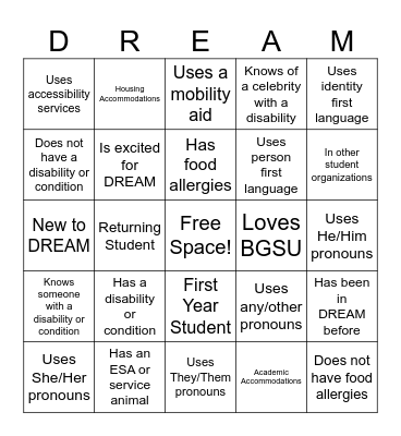 DREAM Bingo Card