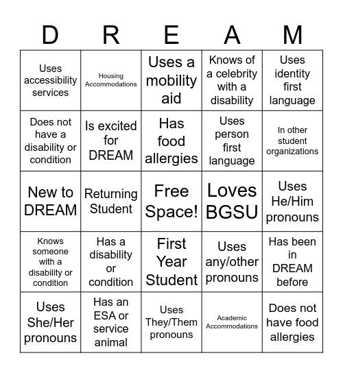 DREAM Bingo Card