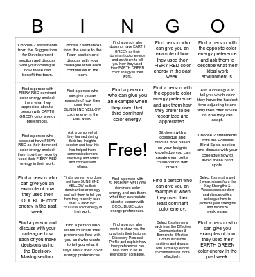 Insights Team Effectiveness BINGO Card