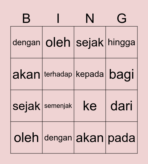 Kata Sendi Nama Bingo Card