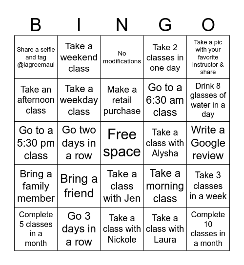 Lagree Maui Challenge Bingo Card