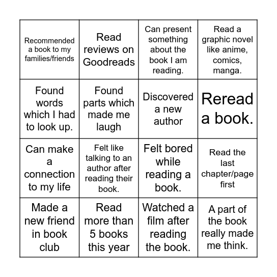 Book Club Bingo Card