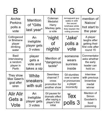 2023 Brownlow Bingo Card