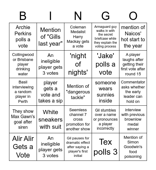 2023 Brownlow Bingo Card