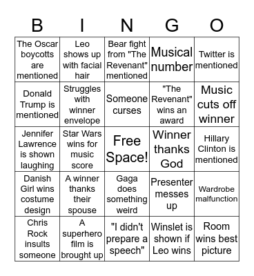 Oscars Bingo Card