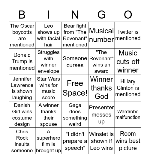 Oscars Bingo Card