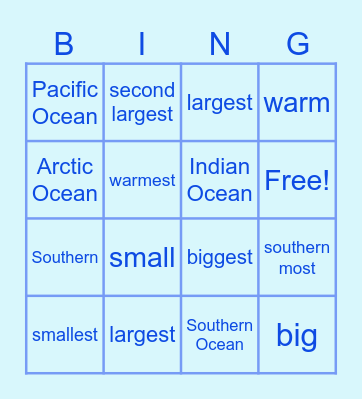 5 oceans in the world Bingo Card