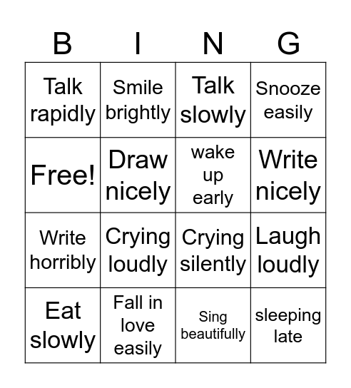 Adverb of Manners Bingo Card