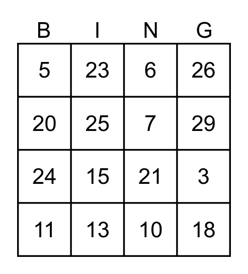 1-30 Bingo Card