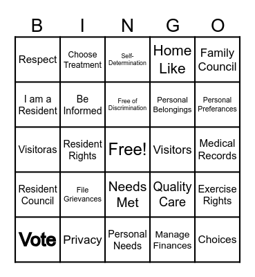 Resident's Rights Bingo Card