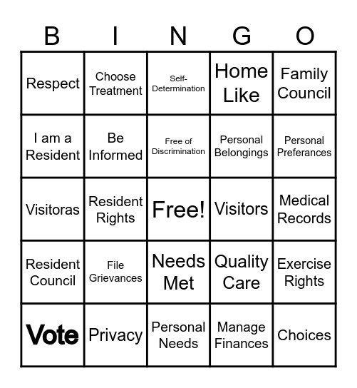 Resident's Rights Bingo Card