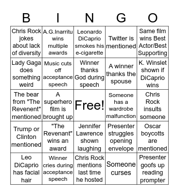 2016 Academy Award Bingo Card